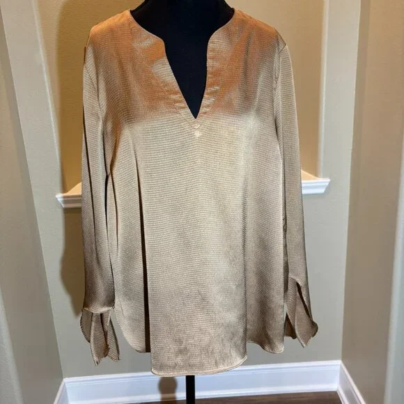 Michael Kors Women's Gold Pullover Blouse with Long Sleeves and ties on Sleeves - Picture 1 of 7